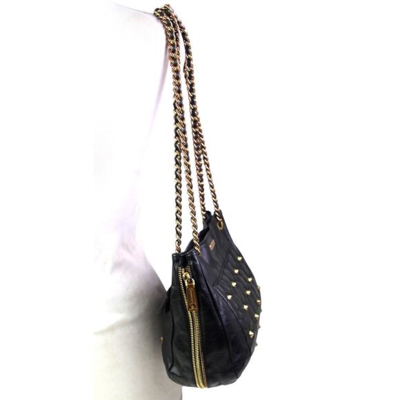 Rebecca Minkoff QUILTED BLACK GENUINE LEATHER STUDS CHAIN SHOULDER BAG PURSE - Picture 3 of 16